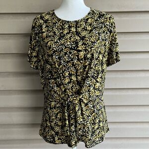 •Kasper• Tie Front Gold/Black Leafy Patterned Blouse - Size Large